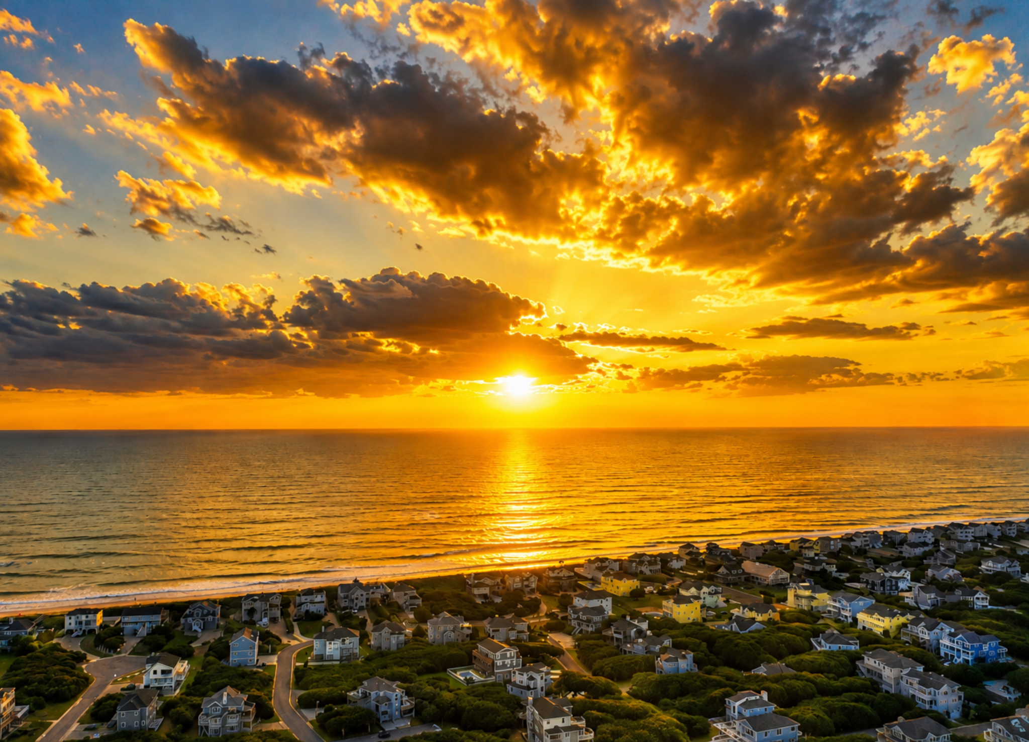 Coastal community at golden sunrise